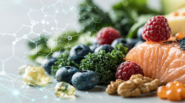 Advanced longevity diet with salmon berries greens and digital health data showcasing wellness technology and future nutrition concept