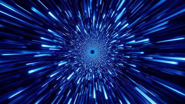 Abstract digital tunnel with radial blue light streaks and deep perspective