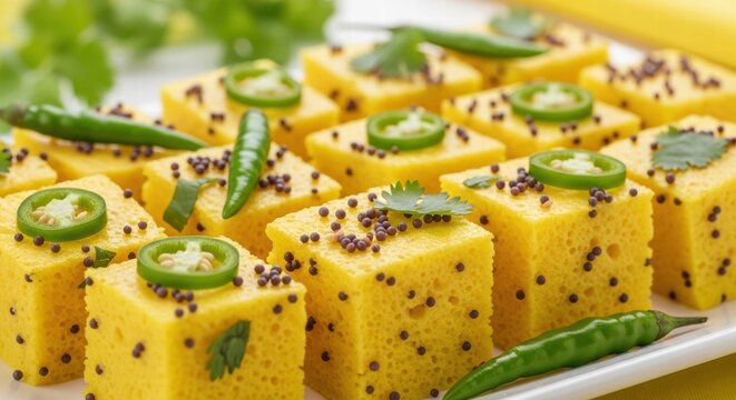 Delicious Indian dhokla cubes garnished with green chilies and cilantro