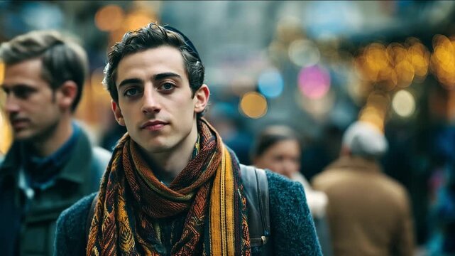 Youth in cozy scarf and beanie faces camera briefly before turning gaze sideways in lit evening street. Blurred crowd suggests bustling urban life. Digital detox lifestyle.