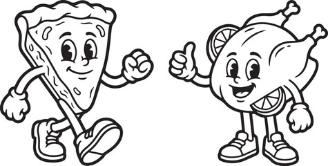 Fototapeta premium Cartoon slice of pizza and whole roasted chicken with lemons walk happily with thumbs up in a clean white space