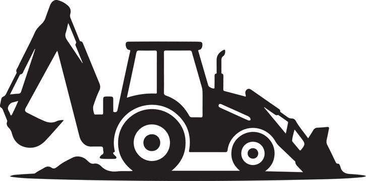 Black backhoe loader icon, construction vehicle silhouette, heavy equipment symbol, digger illustration