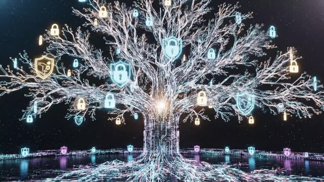 Glowing cybernetic tree featuring digital padlocks and security shields on a futuristic network background