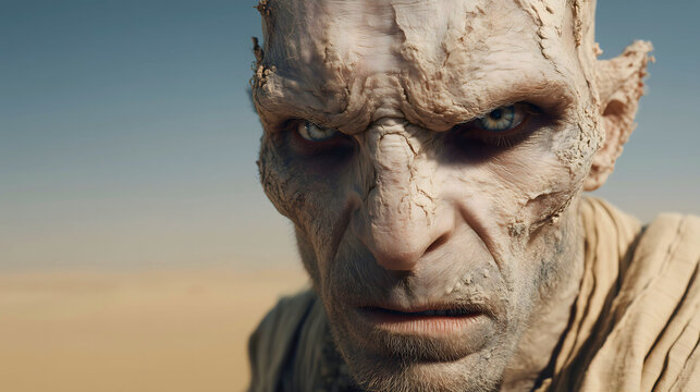 Sinister desert spirit with pale cracked skin and piercing eyes, representing a mythical ghoul from Arabian folklore wandering in the sandy dunes.