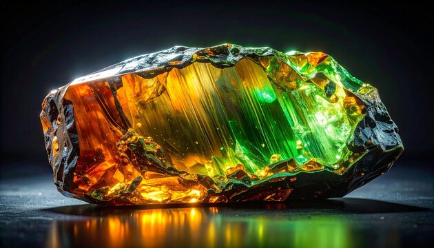 Raw opal gemstone with vibrant play-of-color on reflective dark surface