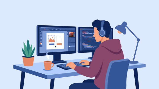 Man with headphones using computer for web design programming and coding at modern desk workspace