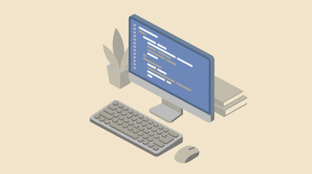 Isometric Illustration of Computer Monitor with Code Keyboard Mouse Office Plant Set on Desk