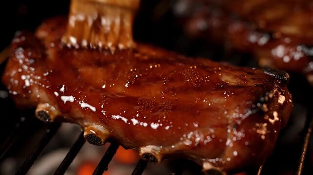 Glazed Pork Rib Sizzling and Browning on Hot Barbecue Grill