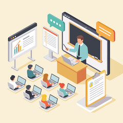 Fototapeta premium Isometric online business training with instructor students laptops and data charts for education