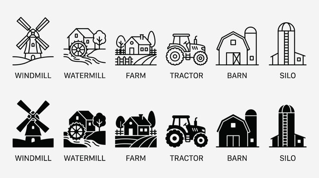 Farm and Agriculture Icons Line Art Windmill Watermill Farm Tractor Barn Silo