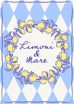 Mediterranean card with lemon wreath, blue diamond background and Limoni & Mare lettering, ideal for menus, invitations, greeting cards, stationery, packaging and coastal branding.
