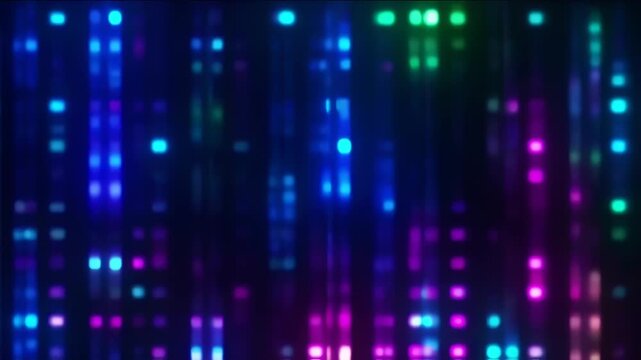Abstract image features vertical columns of colorful, blurred lights in blue, purple, and green