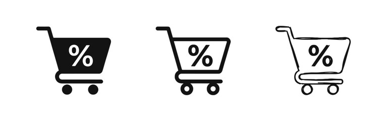 E-commerce shopping cart icons with discount percentage sign in solid, line, and hand-drawn styles © drawing lines