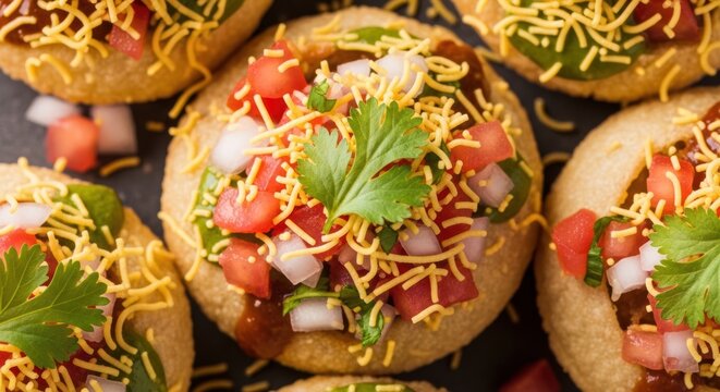 Delicious Sev Puri, a popular Indian street food snack with crispy toppings
