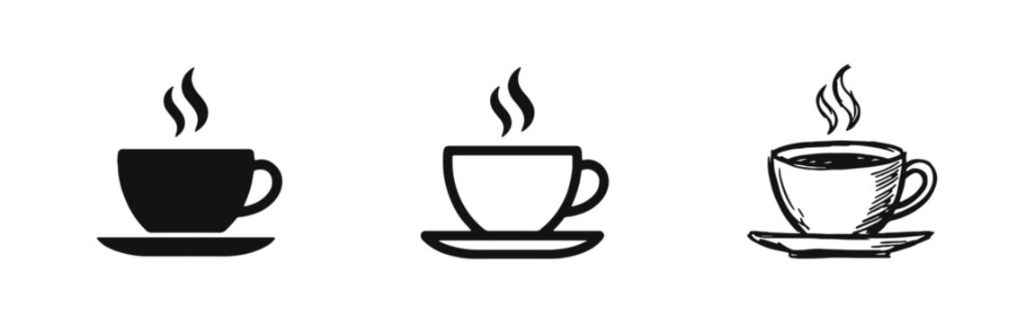 Coffee cup icons with steam on saucer in solid, line, and hand-drawn styles