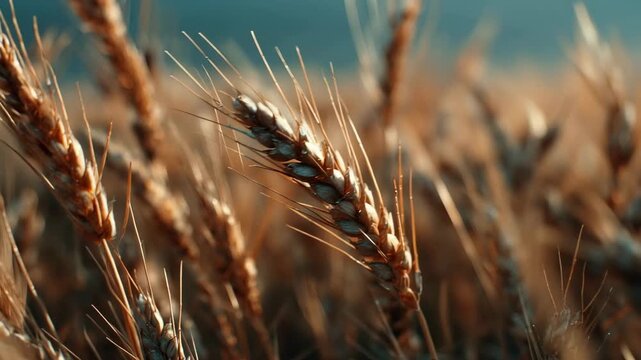 4K Ultra HD Closeup of golden wheat ears in a field at sunset, capturing the warm light and texture of the grain harvest in late summer video