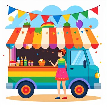 Woman serving at colorful street food truck with festive decorations