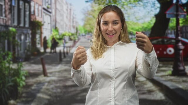 Woman miming driving with hands gripping an invisible steering wheel on a cobbled city street lined with buildings and parked cars; playful confidence.