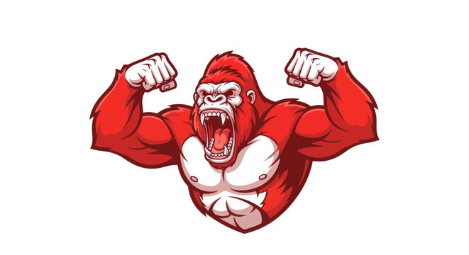 Angry Red Gorilla Flexing Muscles, Roaring, Fierce Primate Character