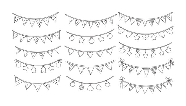 Hand drawn festive bunting flags and garlands with various patterns and shapes party
