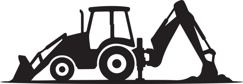 Black silhouette backhoe loader, construction vehicle icon, heavy equipment symbol, industrial tractor sign