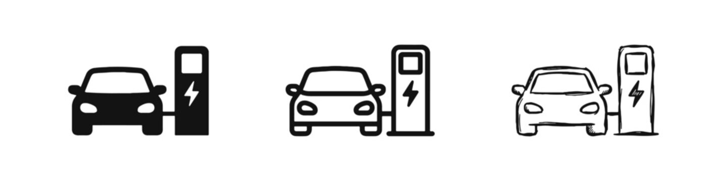 Electric Car at Charging Station Icons, EV Concept, Solid, Outline, and Sketch