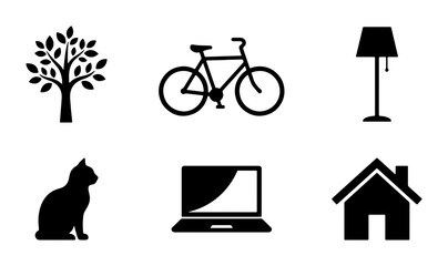 Set of 6 Black Silhouette Icons: Tree, Bicycle, Lamp, Cat, Laptop, House. Simple Vector Graphics for Web and Design. © Alpona