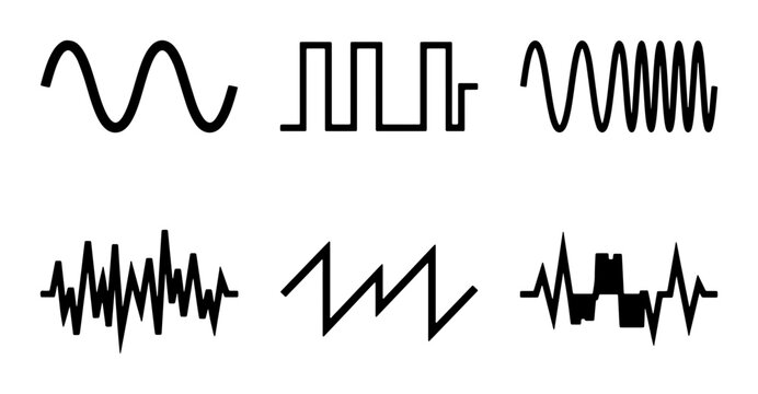 Waveform Icons Set, Audio Signal Graphics, Sound Wave Patterns, Electronic Signal Representations, Music Waveforms, Digital Audio Visualizations, Signal Charts