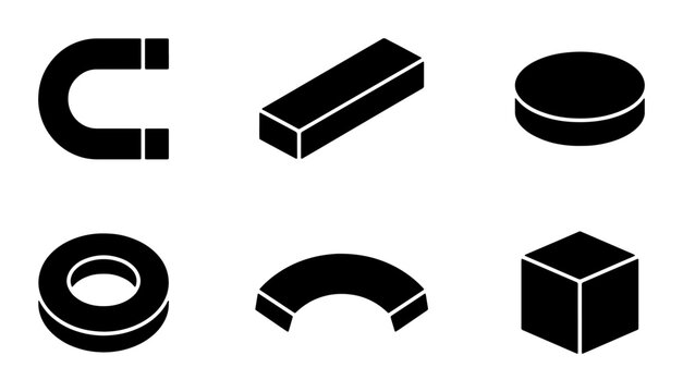 Set of Six Black Isometric Magnetic Shapes: Horseshoe, Bar, Cylinder, Ring, Arc, Cube. Vector Icons for Science, Physics, Technology Concepts.