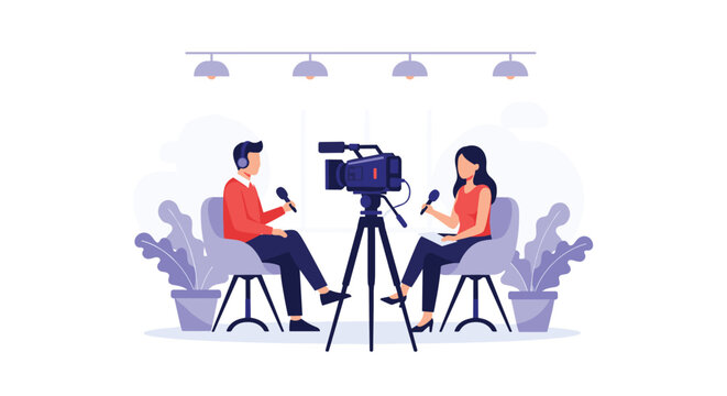 Professional video interview scene with host and guest sitting in a studio with camera lights and potted plants.