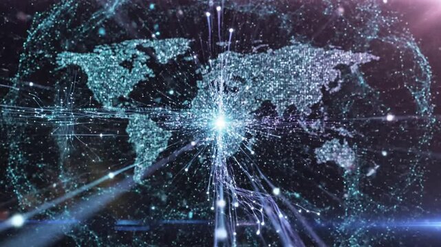 Glowing digital Earth globe surrounded by radiating network lines and binary code data streams