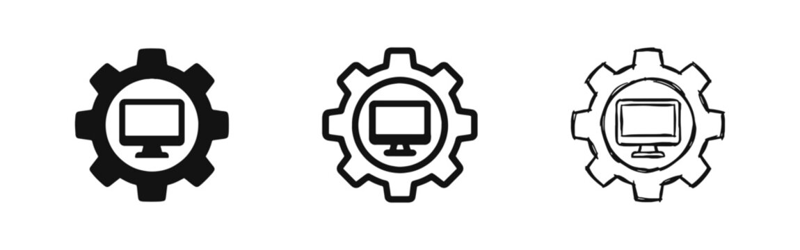 Computer settings icon set, system configuration gear, IT technical support and software management