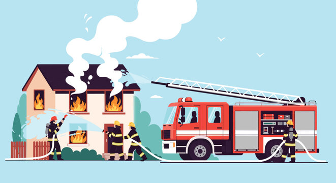 Brave firefighters using powerful water hoses to extinguish large fire at two story suburban house near fire truck.