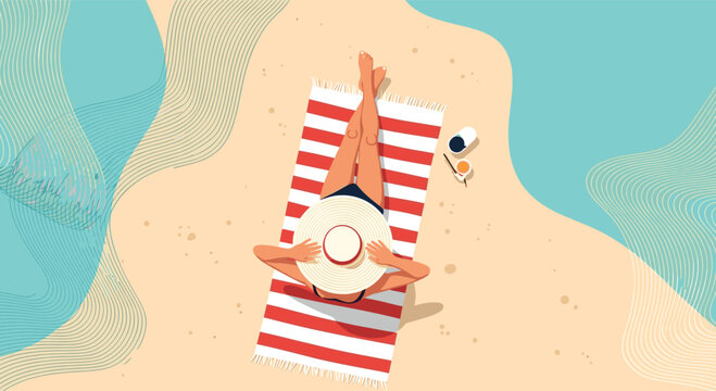 Aerial view of woman in sun hat relaxing on red and white striped towel while sunbathing on sandy beach by blue ocean.