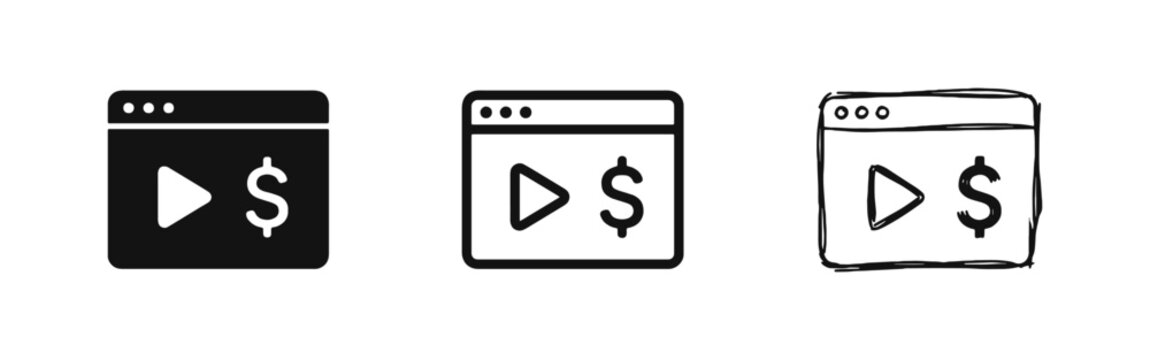 Video monetization icon set, online payment for content, browser with play and dollar symbol