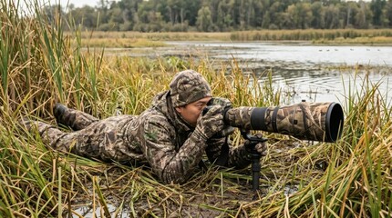 Naklejka premium Camouflaged Wildlife Photographer Lying in Marsh Grass by Quiet Wetland