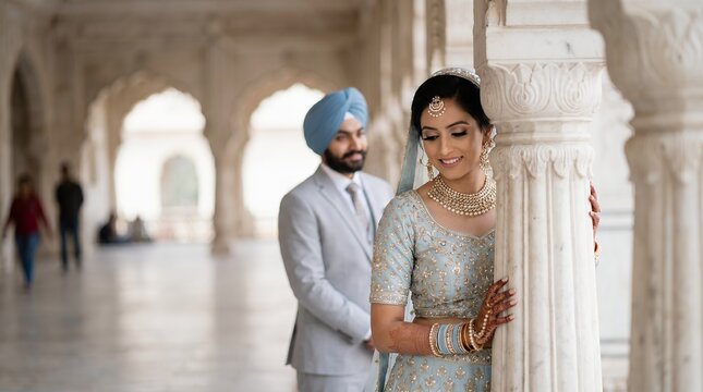Sikh Bride and Groom in Traditional Attire at a Palace