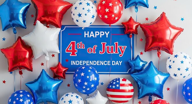 Patriotic 4th of july celebration with balloons and sign