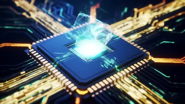 Glowing digital human brain emerging from a microprocessor chip on a futuristic motherboard