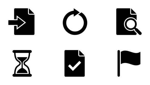 Set of 6 Black Vector Icons: Document Import, Refresh, Search, Hourglass, Checkmark, Flag. UI elements for workflow, progress, and task management.