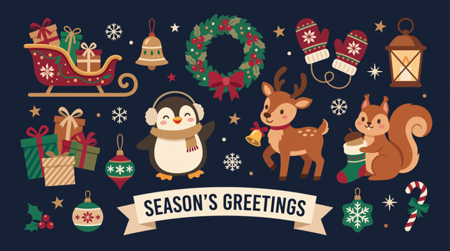 This cheerful image captures the essence of the holiday season with festive illustrations, including a penguin, deer, and various icons symbolizing Christmas spirit.