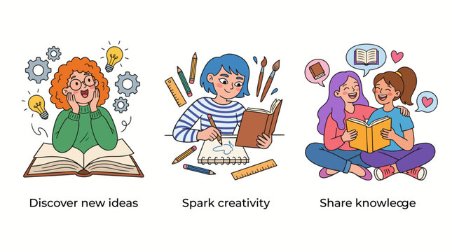 This engaging illustration highlights the concept of creative learning, showcasing young individuals discussing ideas, enhancing creativity, and sharing knowledge joyfully.