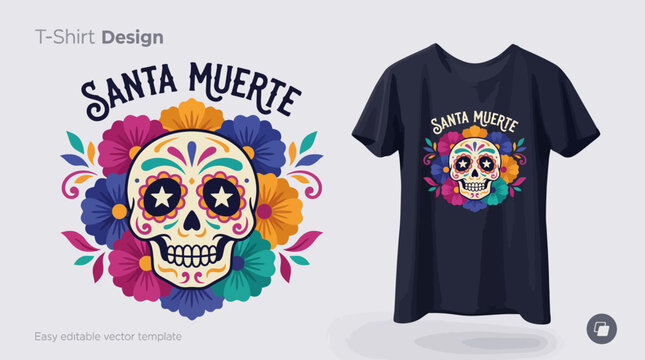 This vibrant design features a decorated skull representing Santa Muerte, surrounded by colorful flowers, showcasing a blend of cultural significance and artistic expression.