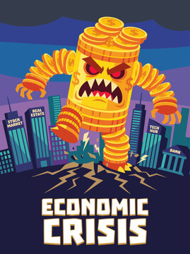 A cartoonish representation of a giant, angry figure made of gold coins, looming over a cityscape depicting symbols of financial sectors facing an economic crisis.