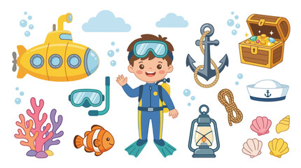 Fototapeta premium Underwater Adventure: Scuba Diver, Submarine, Treasure Chest, Ocean Icons Flat Vector Art