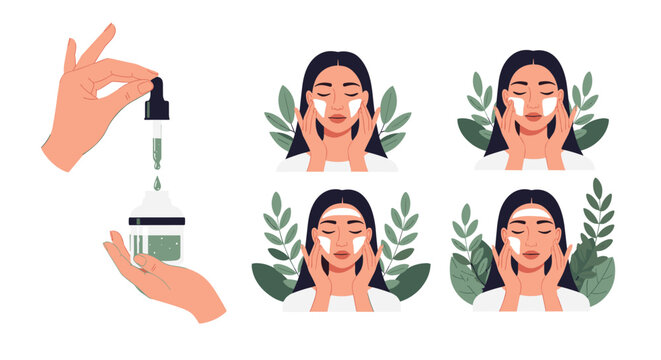 Skincare routine illustration shows women applying serum and moisturizer to their faces for a healthy and glowing complexion.