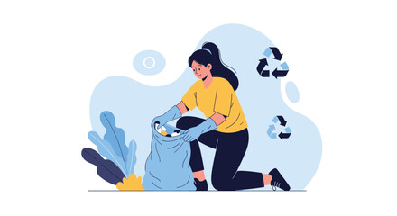 Obraz premium Environmentally conscious woman picks up litter and places it into a blue trash bag near recycling symbols in a clean park.
