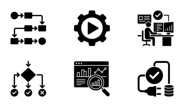 Business Process Icons Set, Workflow Diagrams, Data Analysis, System Integration, Technology Solutions, Vector Graphics