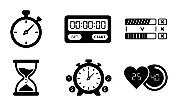 Time Icons Set: Stopwatch, Digital Timer, Hourglass, Alarm Clock, Progress Bars, Countdown Timer, Vector Graphics for Business and Lifestyle