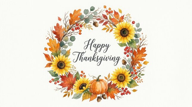 Watercolor thanksgiving wreath with sunflowers pumpkins and autumn foliage